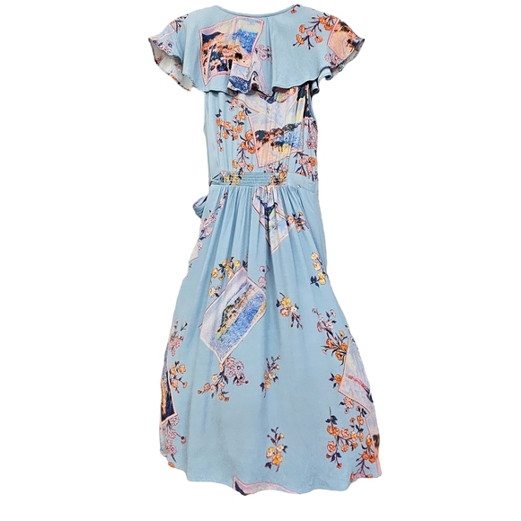 Maeve by Anthropologie Blue Rosalia Postcard  Cap Sleeve Faux Wrap Dress - Picture 5 of 14
